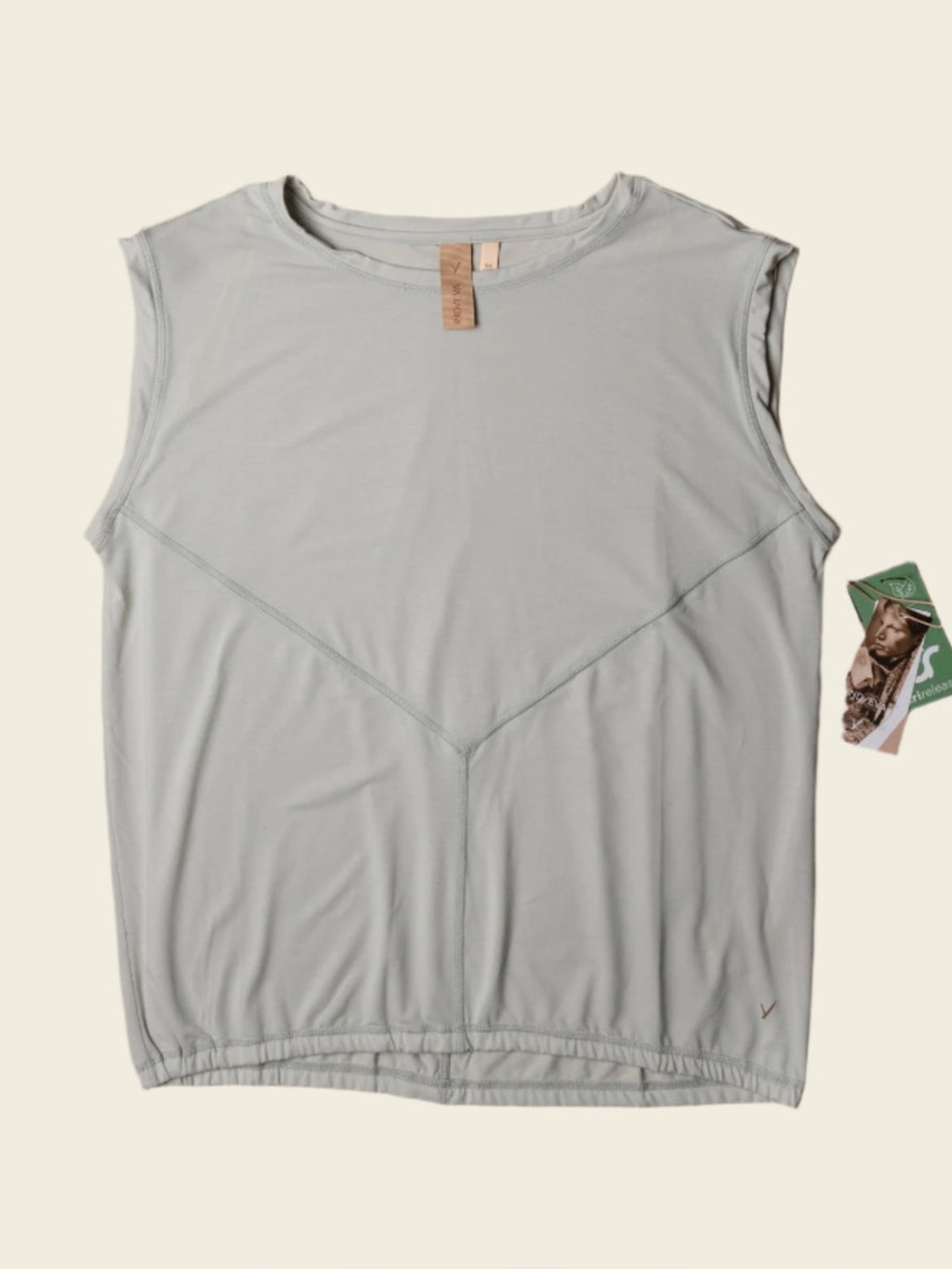 Indygena Goma Beige/Avocado Sleeveless Top Gathered Waist, women’s size M